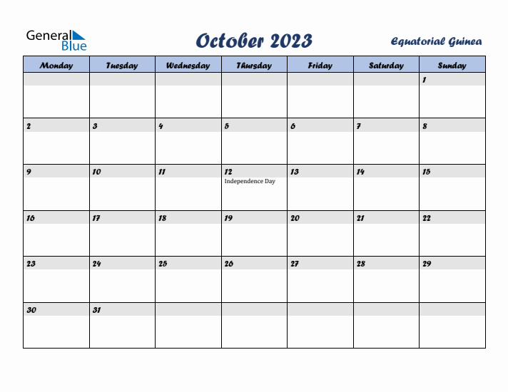 October 2023 Calendar with Holidays in Equatorial Guinea