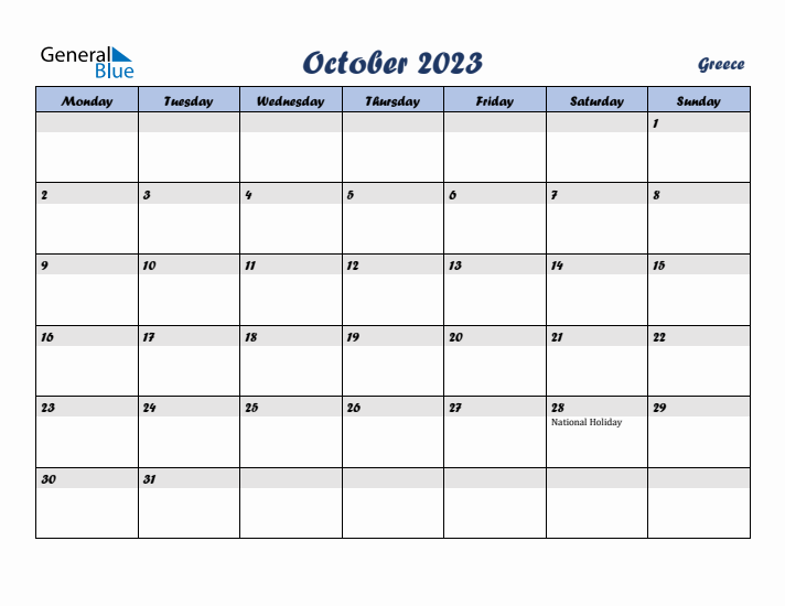 October 2023 Calendar with Holidays in Greece