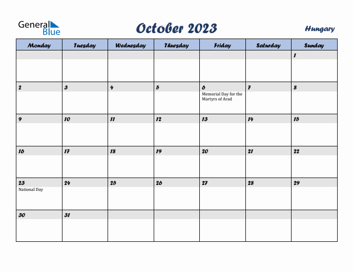 October 2023 Calendar with Holidays in Hungary