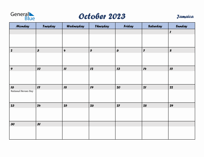 October 2023 Calendar with Holidays in Jamaica