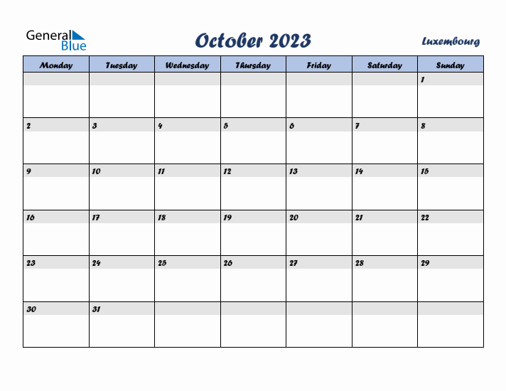 October 2023 Calendar with Holidays in Luxembourg