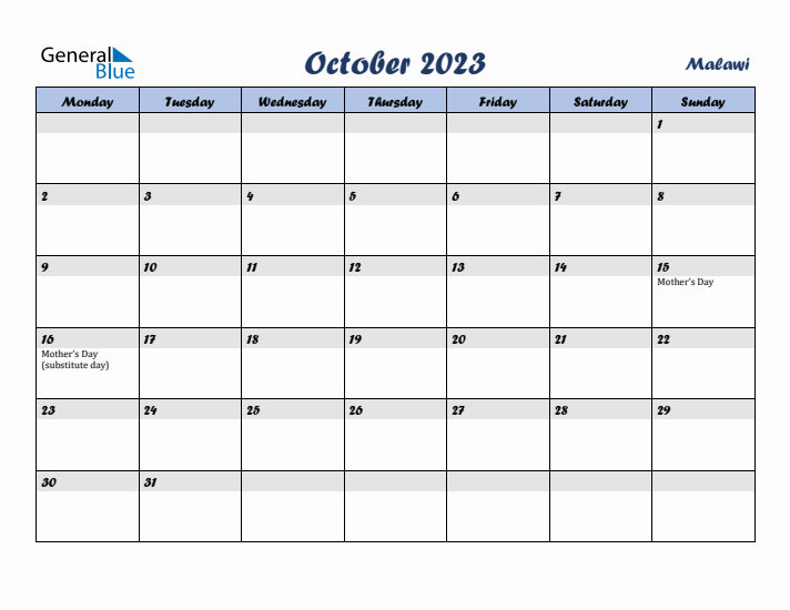 October 2023 Calendar with Holidays in Malawi