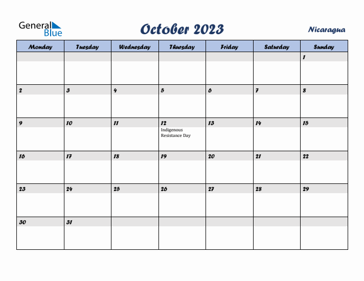 October 2023 Calendar with Holidays in Nicaragua