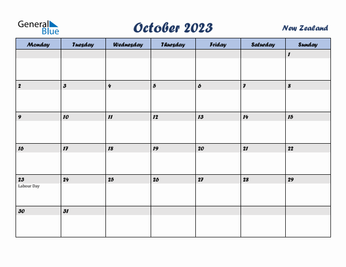 October 2023 Calendar with Holidays in New Zealand