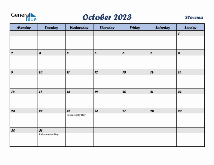 October 2023 Calendar with Holidays in Slovenia