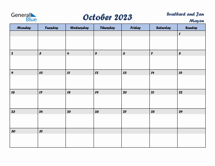 October 2023 Calendar with Holidays in Svalbard and Jan Mayen