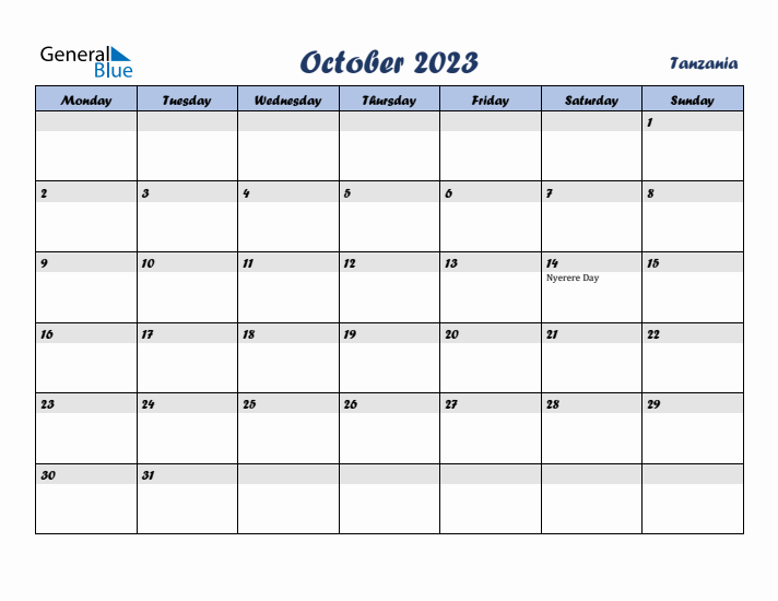 October 2023 Calendar with Holidays in Tanzania