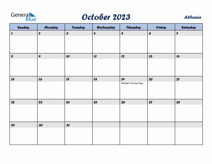 October 2023 Calendar with Holidays in Albania