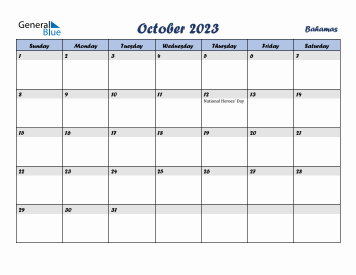 October 2023 Calendar with Holidays in Bahamas