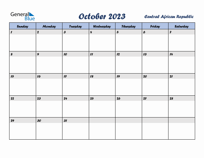 October 2023 Calendar with Holidays in Central African Republic