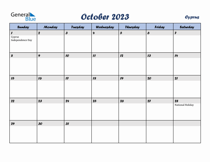 October 2023 Calendar with Holidays in Cyprus