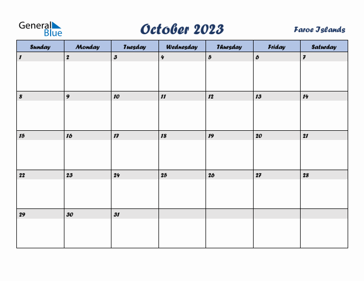 October 2023 Calendar with Holidays in Faroe Islands