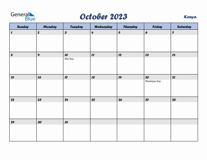 October 2023 Calendar with Holidays in Kenya