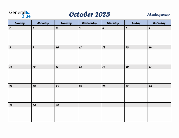 October 2023 Calendar with Holidays in Madagascar