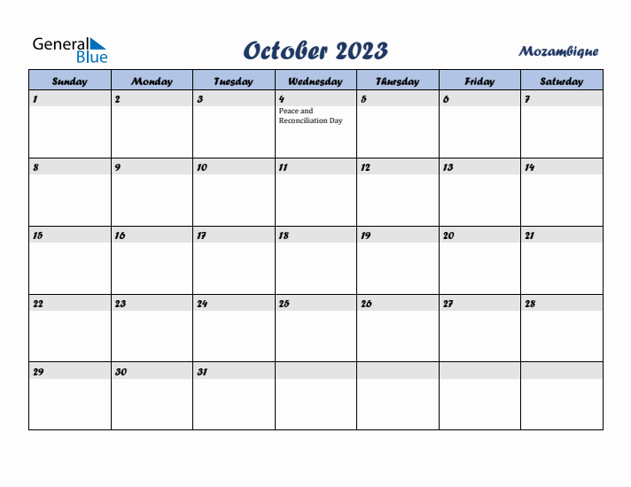 October 2023 Calendar with Holidays in Mozambique