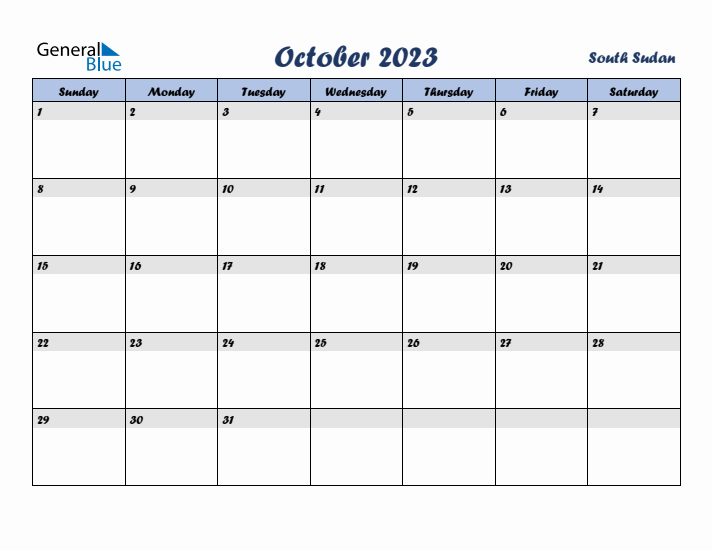 October 2023 Calendar with Holidays in South Sudan