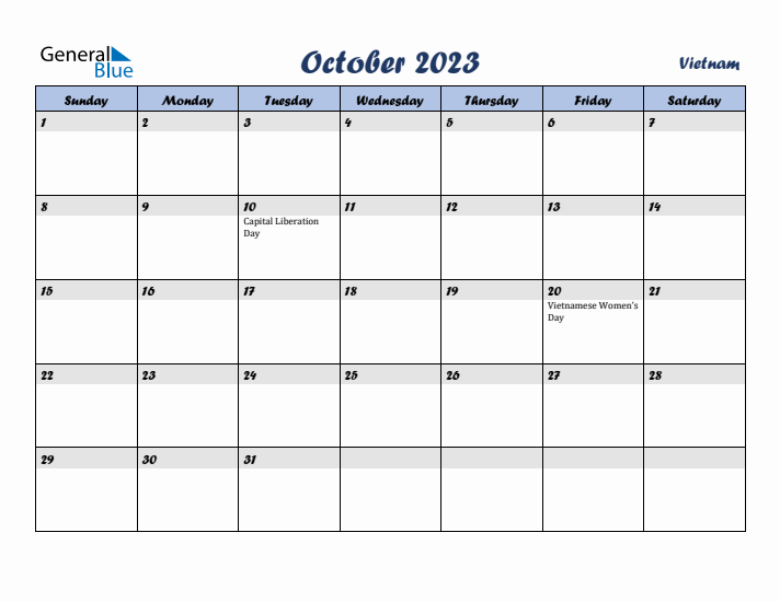 October 2023 Calendar with Holidays in Vietnam