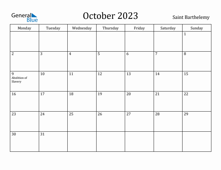 October 2023 Calendar Saint Barthelemy