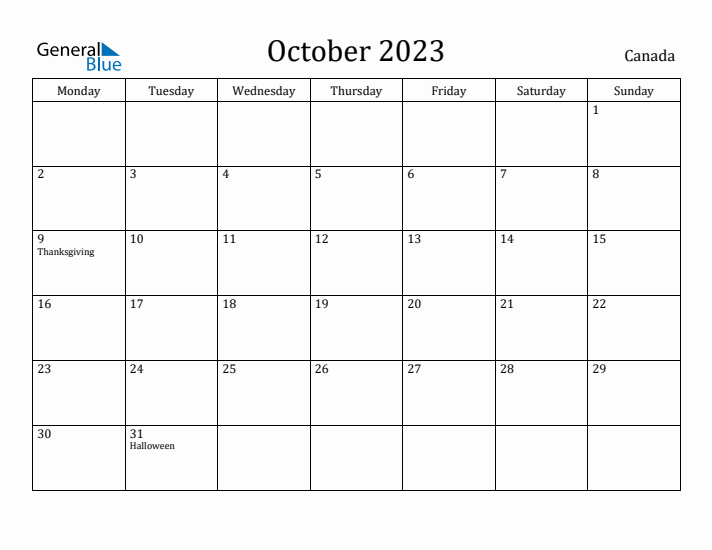 October 2023 Calendar Canada