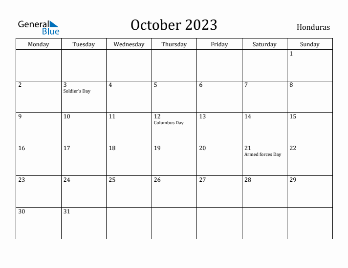 October 2023 Calendar Honduras