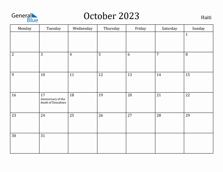 October 2023 Calendar Haiti