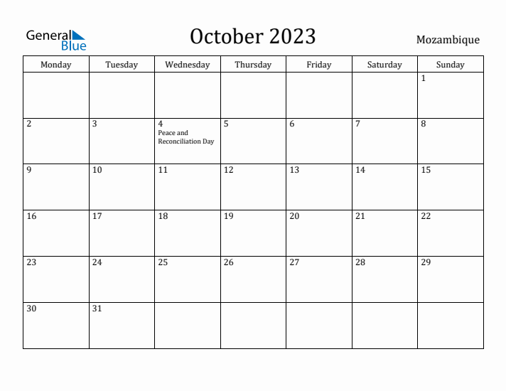 October 2023 Calendar Mozambique