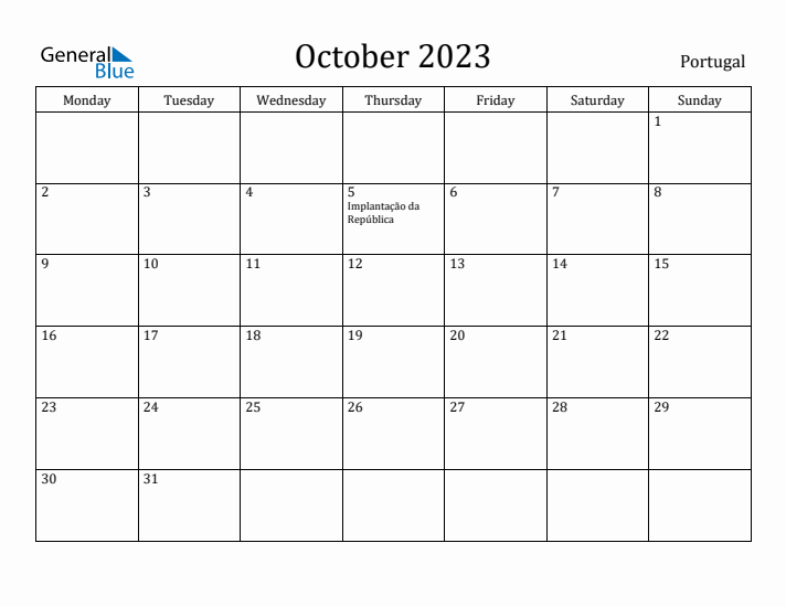 October 2023 Calendar Portugal