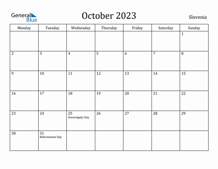 October 2023 Calendar Slovenia