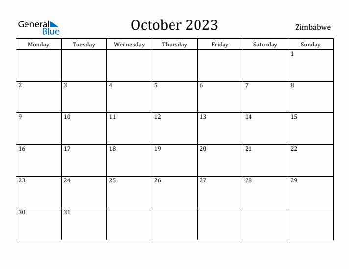 October 2023 Calendar Zimbabwe