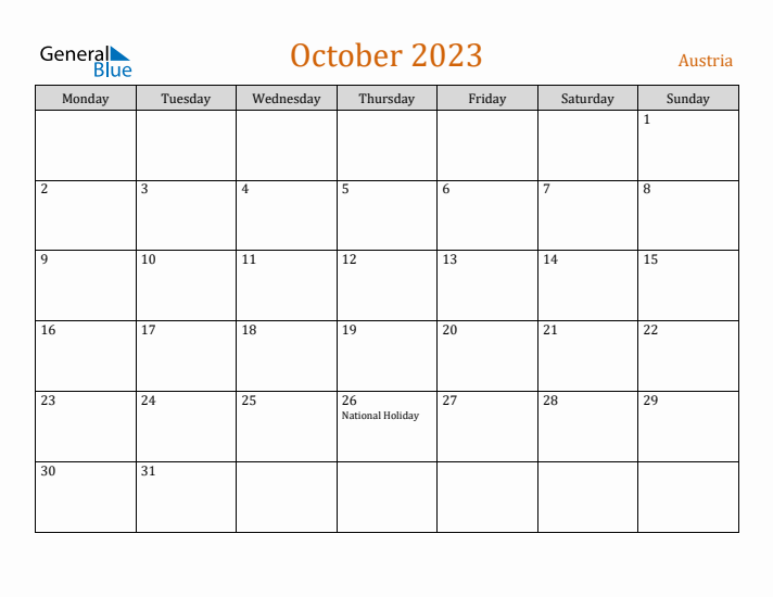 October 2023 Holiday Calendar with Monday Start