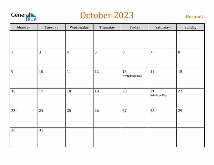 October 2023 Holiday Calendar with Monday Start