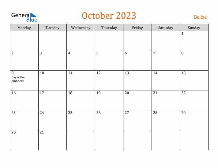 October 2023 Holiday Calendar with Monday Start