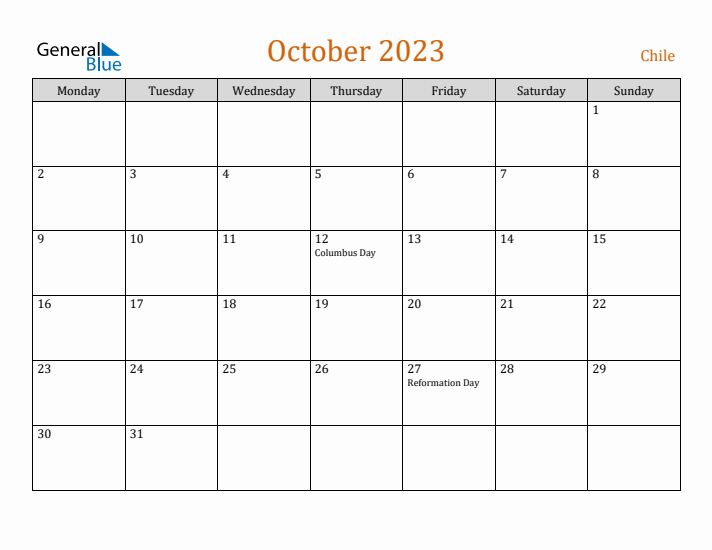 October 2023 Holiday Calendar with Monday Start