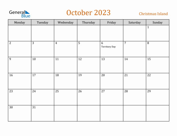 October 2023 Holiday Calendar with Monday Start