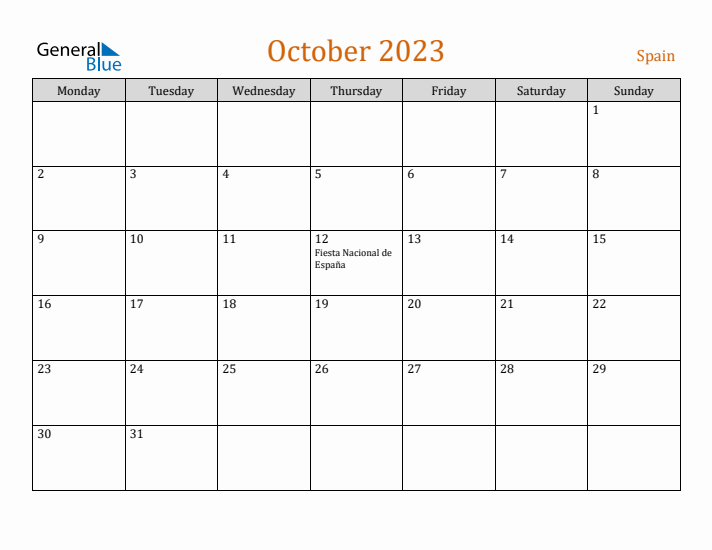 October 2023 Holiday Calendar with Monday Start