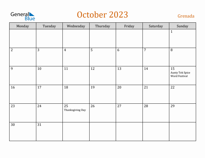 October 2023 Holiday Calendar with Monday Start