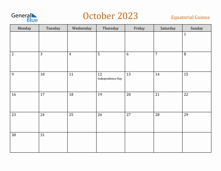 October 2023 Holiday Calendar with Monday Start