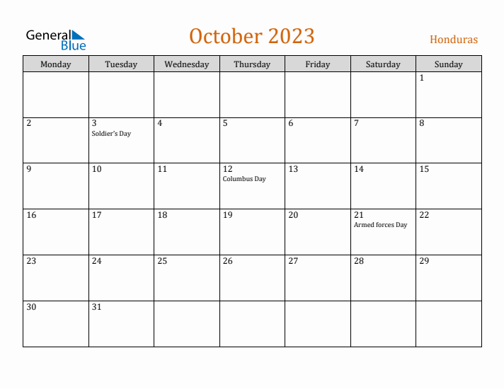 October 2023 Holiday Calendar with Monday Start