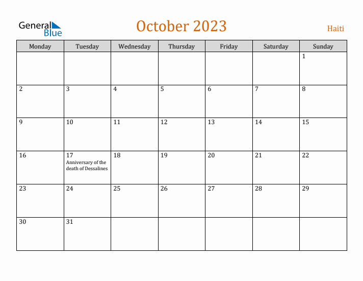 October 2023 Holiday Calendar with Monday Start