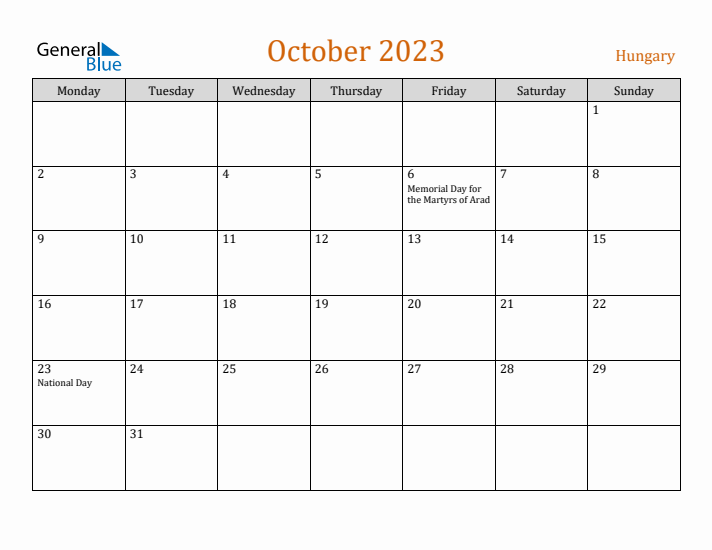 October 2023 Holiday Calendar with Monday Start