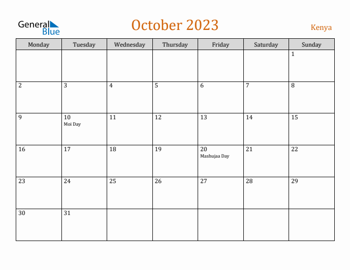 October 2023 Holiday Calendar with Monday Start