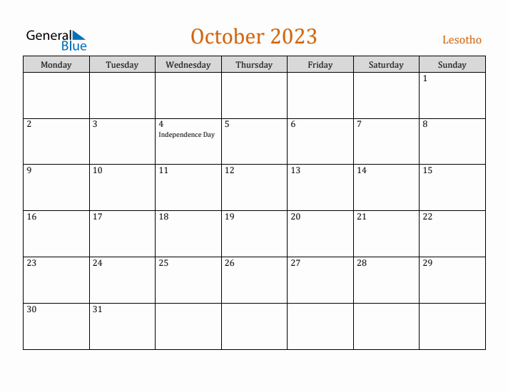 October 2023 Holiday Calendar with Monday Start