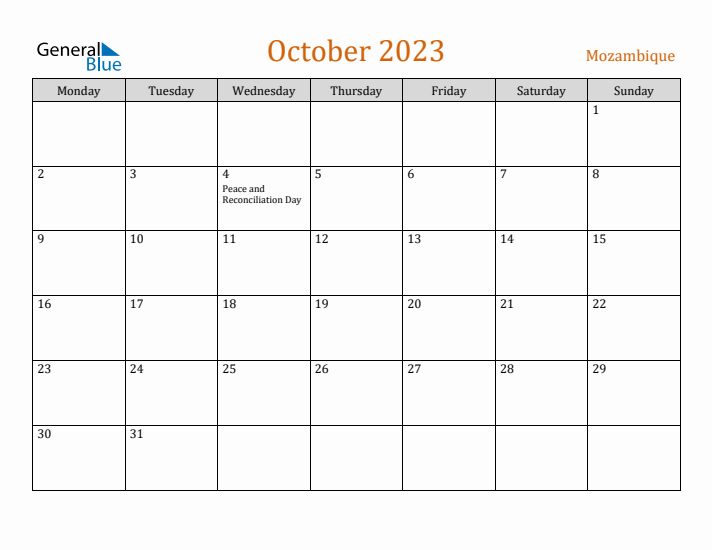 October 2023 Holiday Calendar with Monday Start