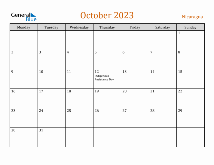 October 2023 Holiday Calendar with Monday Start