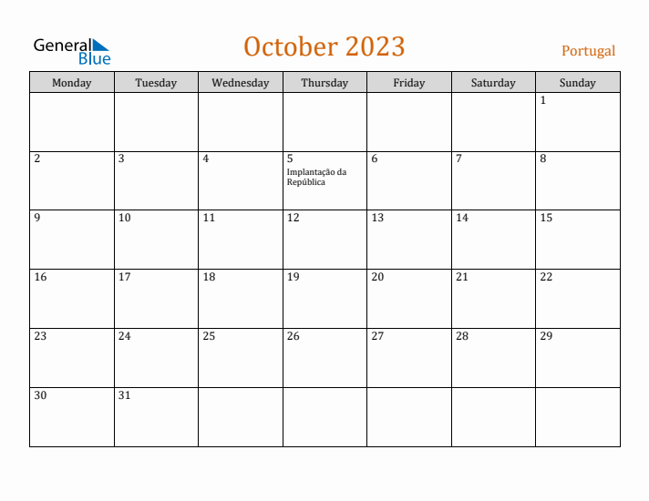 October 2023 Holiday Calendar with Monday Start