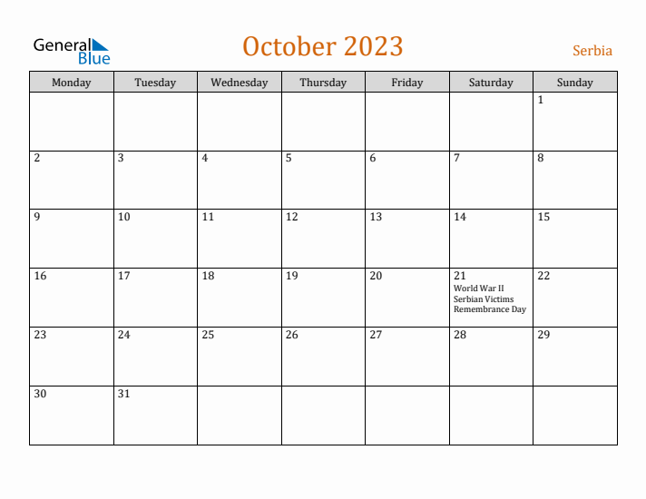 October 2023 Holiday Calendar with Monday Start