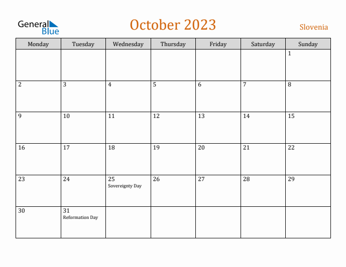 October 2023 Holiday Calendar with Monday Start