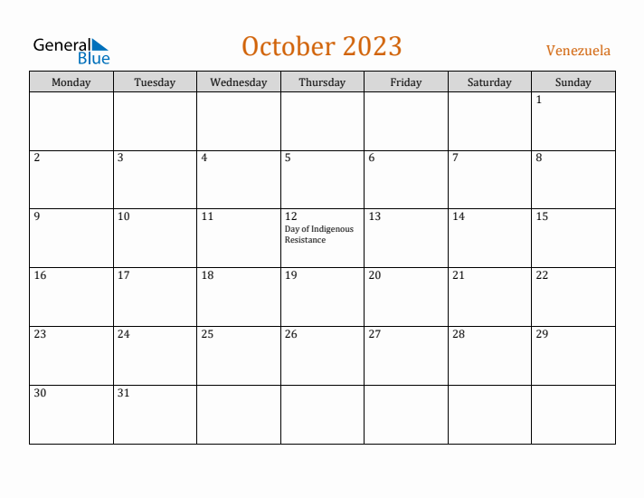 October 2023 Holiday Calendar with Monday Start