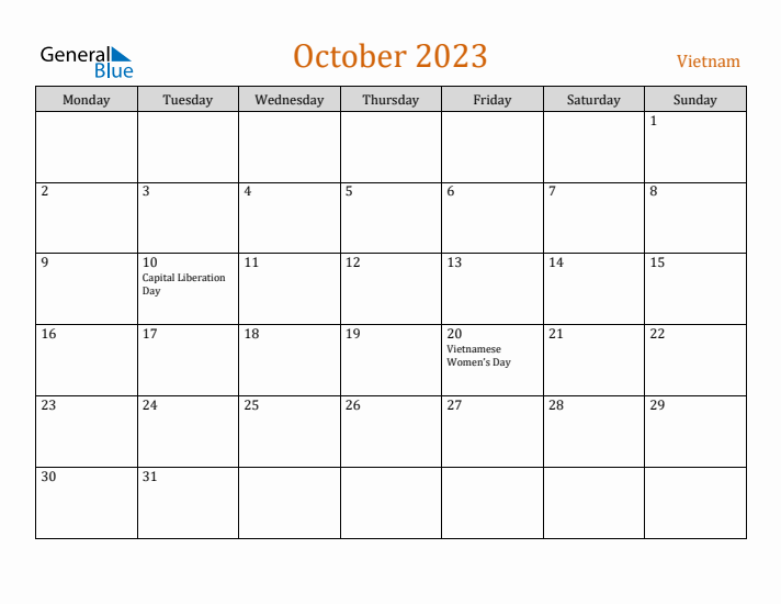 October 2023 Holiday Calendar with Monday Start