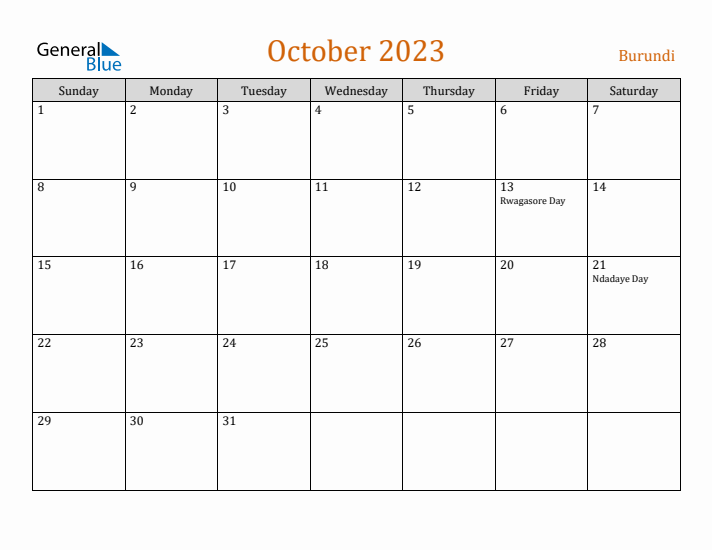 October 2023 Holiday Calendar with Sunday Start